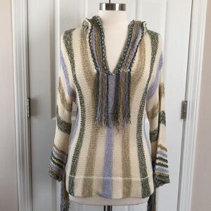JMM Boho Festival Djellaba Hooded Knit Fringe Sweater Striped Size Small EUC